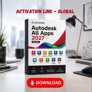 May include: A rectangular software product box labeled Autodesk All Apps 2027 Bundle with a colorful abstract wave graphic. The box displays icons for AutoCAD, Revit, Inventor, Navisworks, Civil 3D, 3ds Max, Maya, Fusion, Plant 3D, and Vault Professional.