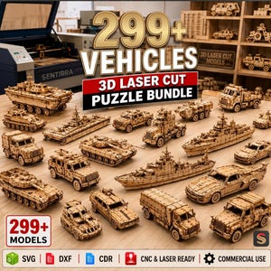 Op de afbeelding: Een verzameling van lichtgekleurde houten 3D lasergesneden voertuigpuzzels, waaronder tanks, schepen, vrachtwagens en auto's. De afbeelding bevat de tekst 299+ VEHICLES 3D LASER CUT PUZZLE BUNDLE en 299+ MODELS, met iconen voor SVG, DXF, CDR, CNC & LASER READY en COMMERCIAL USE.