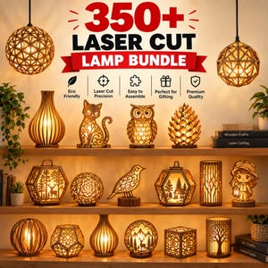 Könnte beinhalten: Eine Sammlung von lasergeschnittenen Holzlampen in verschiedenen Formen, darunter Kugeln, Tiere und geometrische Designs. Der Text 350+ LASER CUT LAMP BUNDLE steht oben, begleitet von Symbolen für Umweltfreundlichkeit und Präzision.