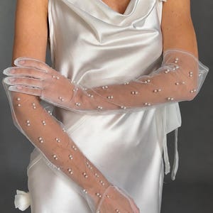 Bridal Gloves, Pearl Gloves, Long Tulle Wedding Gloves