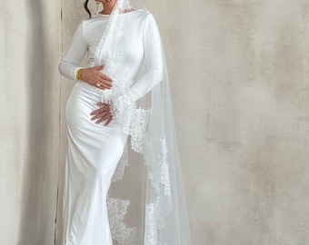 Cathedral Lace Edge Wedding Veil, Romantic Bridal Veil, Ivory Chapel Veil, Long One Tier Tulle Veil, Church Lace Bridal Veil, Vintage veil
