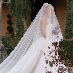 May include: A white strapless wedding gown with a full skirt and a long, sheer veil featuring intricate white lace trim along the edges. The garment is worn with a bouquet of dark red flowers, creating a contrast against the bright white fabric.