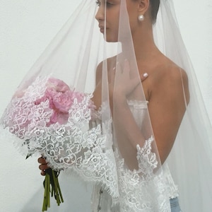 Classic two tier veil, Cathedral Veil, Lace trim Veil, Double tire ivory bridal Veil, Chapel Church Veil image 11