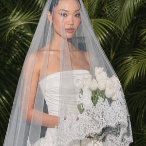 May include: A sheer white bridal veil featuring intricate lace trim along the edges, draped over a strapless white gown. The veil is long and translucent, partially covering a bouquet of white tulips held in front of the white dress.