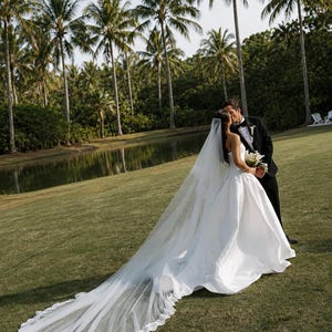 May include: A white strapless wedding gown with a full skirt and a long, sheer lace-trimmed veil, paired with a black tuxedo featuring a white shirt and bow tie. The attire is worn by two individuals standing together on a grassy lawn.