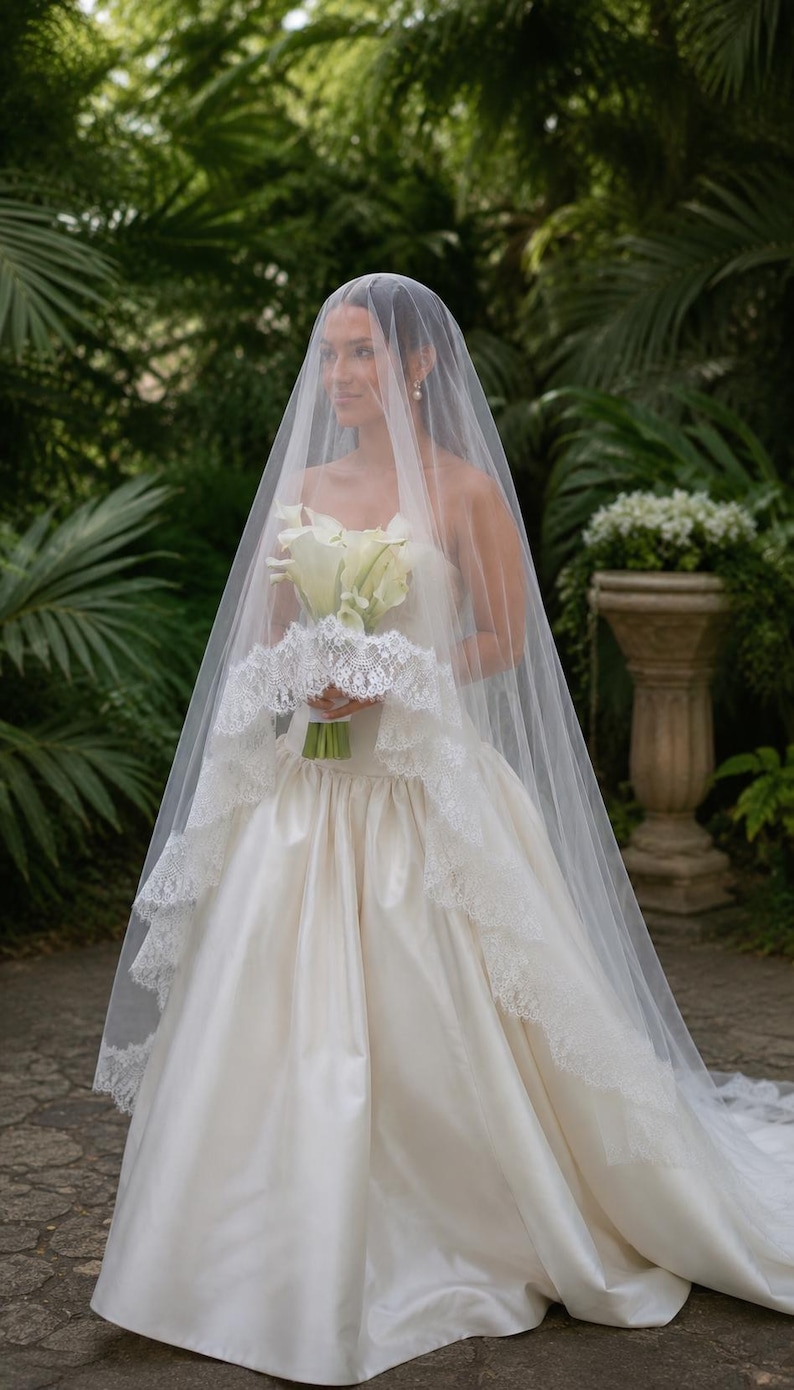 May include: A floor-length ivory wedding dress with a strapless bodice and a full, satin skirt. A sheer, white tulle veil with intricate white lace trim along the edges covers the head and shoulders. A bouquet of white calla lilies is held.