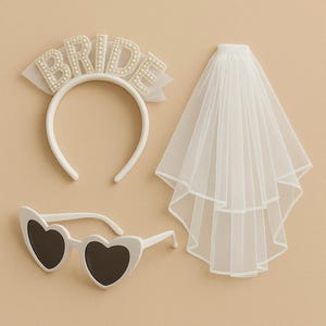 Bachelorette Party Kit Heart Sunglasses, Headband, Veil | White Bridal Accessories | Wedding Morning Accessories | Heart Sunglasses