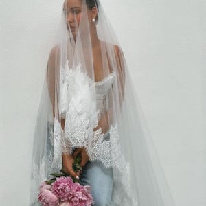 Classic two tier veil, Cathedral Veil, Lace trim Veil, Double tire ivory bridal Veil, Chapel Church Veil image 15