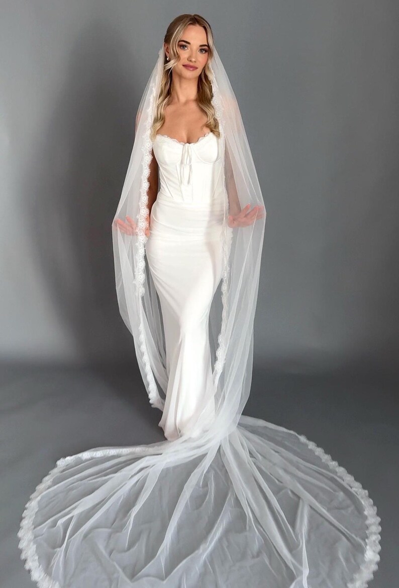 Chantilly Lace Cathedral Bridal Veil – One Tier Wedding Veil, Classic Lace Veil with Lace Trim, Single Layer Mantilla Veil image 7