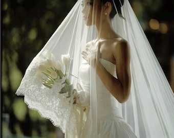 Classic two tier veil, Cathedral Veil, Lace trim Veil, Double tire ivory bridal Veil, Chapel Church Veil