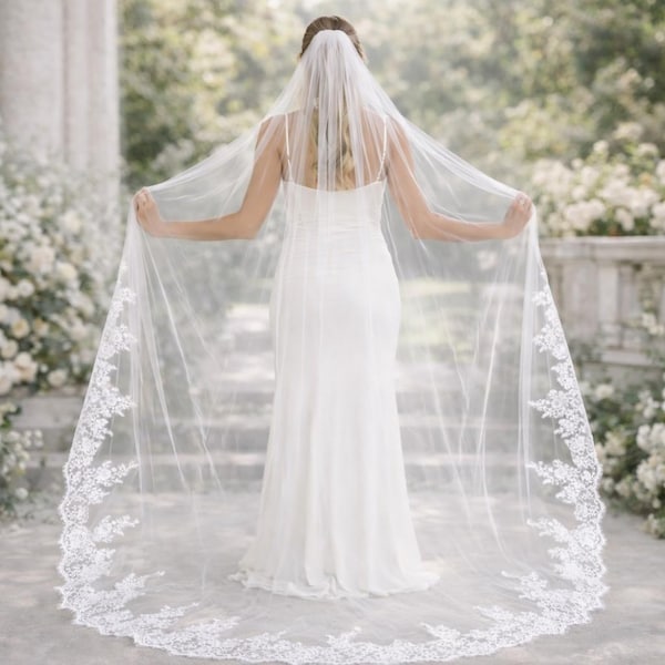 Lace Trim Cathedral Wedding Veil,Floral Lace Cathedral Bridal Veil, Elegant Bridal Veil With Lace Edge