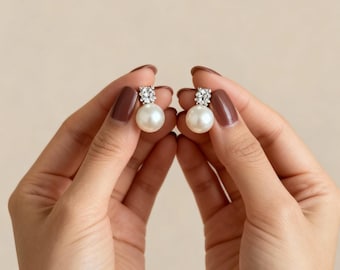 Natural Freshwater Pearl Stud Earrings, Minimalist Diamond Pearl Earrings, Wedding Earrings, Pearl Jewelry, Bridesmaid Gift, Gift for Her