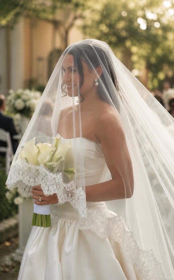 Chantilly Lace Cathedral Wedding Veil, Two-Tier Bridal Veil with Blusher, Ivory Long Lace  Trim Veil