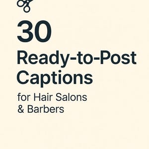 Op de afbeelding: Een crèmekleurige afbeelding met zwarte tekst en een schaar. De tekst luidt "30 Klaar-om-te-plaatsen Captions voor Kapsalons & Barbiers". Het Pixelivo-logo staat onderaan.