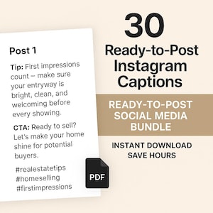 Könnte beinhalten: Ein digitales Produktpaket mit 30 sofort einsatzbereiten Instagram-Bildunterschriften. Das Bild enthält Text zu Immobilientipps und Hausverkauf. Sofortiger Download, um Zeit zu sparen.