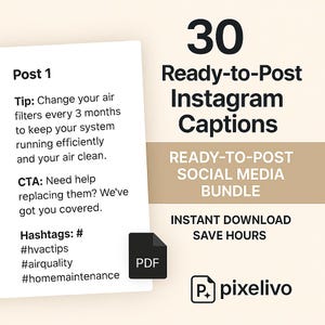Pode incluir: Um gráfico promocional para um pacote de mídia social. A imagem apresenta o texto "30 Legendas do Instagram Prontas para Postar" e "Pacote de mídia social pronto para postar". Um ícone PDF também está presente, junto com o logotipo da Pixelivo.