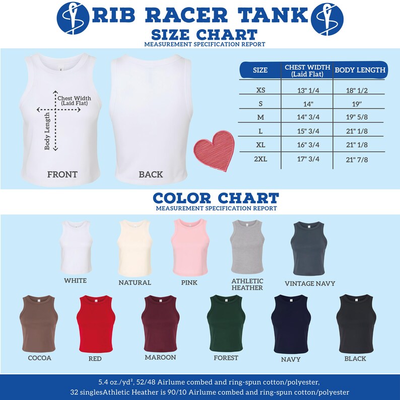The image is a size chart for a rib racer tank, which includes measurements for chest width, body length, and waist. It also displays color charts for different styles of rib racer tanks, such as white, natural, pink, athletic, vintage navy, cocoa, red, maroon, forest, navy, and black.