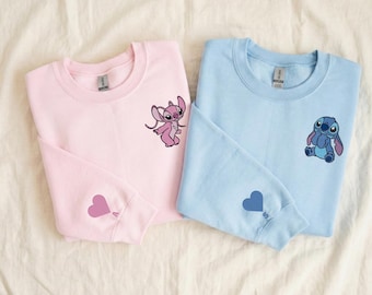 Embroidered Stitch & Angel Sweatshirt, Heart with Initial Magical Kingdom Couple Matching Crewneck, Love Sweatshirt