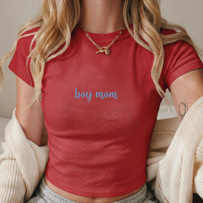 Embroidered Boy Mom Y2k Baby Tee, 1st Mothers Day Gift, New Mom Top, Relaxed Fit Tee, Gift For Mom, Simple Mama Baby Tee, Gift For Mothers