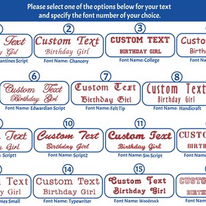 a collection of text boxes with various font names and styles, each containing a different custom text for a birthday girl. The font names include Ballantine Script, Chancery, Comics, Edwardian Script, felt tip, Handcrafted, and Timesmall. The font styles vary from simple to more elaborate, and the text is designed to be personalized for a birthday girl.