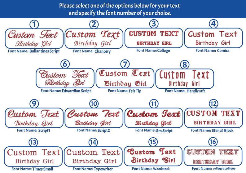 a collection of text boxes with various font names and styles, each containing a different custom text for a birthday girl. The font names include Ballantine Script, Chancery, Comics, Edwardian Script, felt tip, Handcrafted, and Timesmall. The font styles vary from simple to more elaborate, and the text is designed to be personalized for a birthday girl.