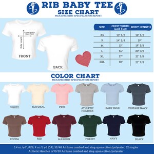 The image is a size chart for a rib baby tee, which includes a variety of t-shirt designs in different colors and sizes.