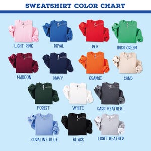 The image is a color chart displaying various colored sweatshirts, each with a corresponding color name.