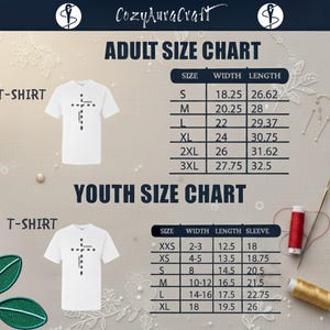 The image is a size chart for adult and youth t-shirts, providing measurements for different sizes such as S, M, L, XL, 2XL, 3XL, and XXL. The chart includes a T-shirt design and a sewing kit, suggesting that the chart is related to clothing sizes and measurements.