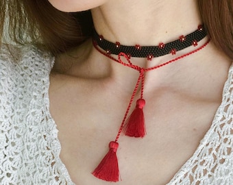 Black Seed Bead Choker: Red Flower, Adjustable Tassel Tie, Gothic Boho