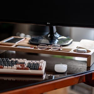 Wooden Monitor Stand with Drawers – Ergonomic Desk Riser for Home Office | Rustic Wood Monitor Shelf Organizer
