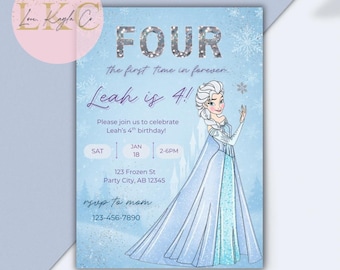 Elsa Frozen Birthday Invitation | Girl 4th Birthday Party | Editable Winter Wonderland Invite | Printable Instant Download
