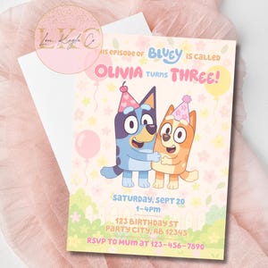 Editable Bluey Birthday Invitation | Canva Template | Girl Third Birthday Party Invite | Blue Dog Theme | Instant Download | 3rd Birthday