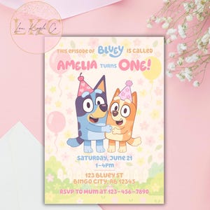 Invitación de cumpleaños editable de Bluey / Plantilla Canva / Invitación para el primer cumpleaños de niña / Tema de Bluey / Descarga instantánea