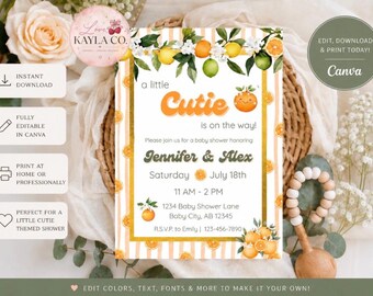 Uitnodiging voor babyshower: een klein schatje is onderweg | Citrusoranje babyshower uitnodigingssjabloon | Oranje en groene baby | Bewerkbaar in canvas