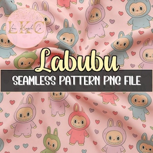 Modello senza cuciture Labubu rosa carino PNG / Modello creatura bambola brutta / Modello Labubu / Carta digitale kawaii / Download istantaneo / Labubu JPG