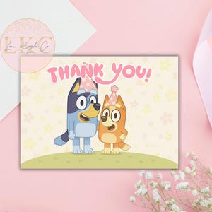 Carte de remerciement d'anniversaire Bluey fille | Cadeau Bluey imprimable | Merci Bluey rose modifiable | Téléchargement instantané | Thème du bingo
