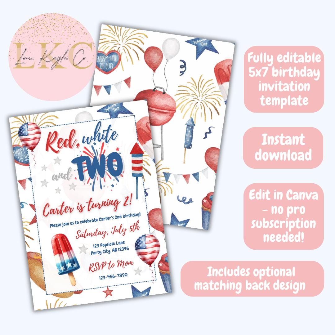 Red White and Two Invitation Template | 4th of July 2nd Birthday Invite ...