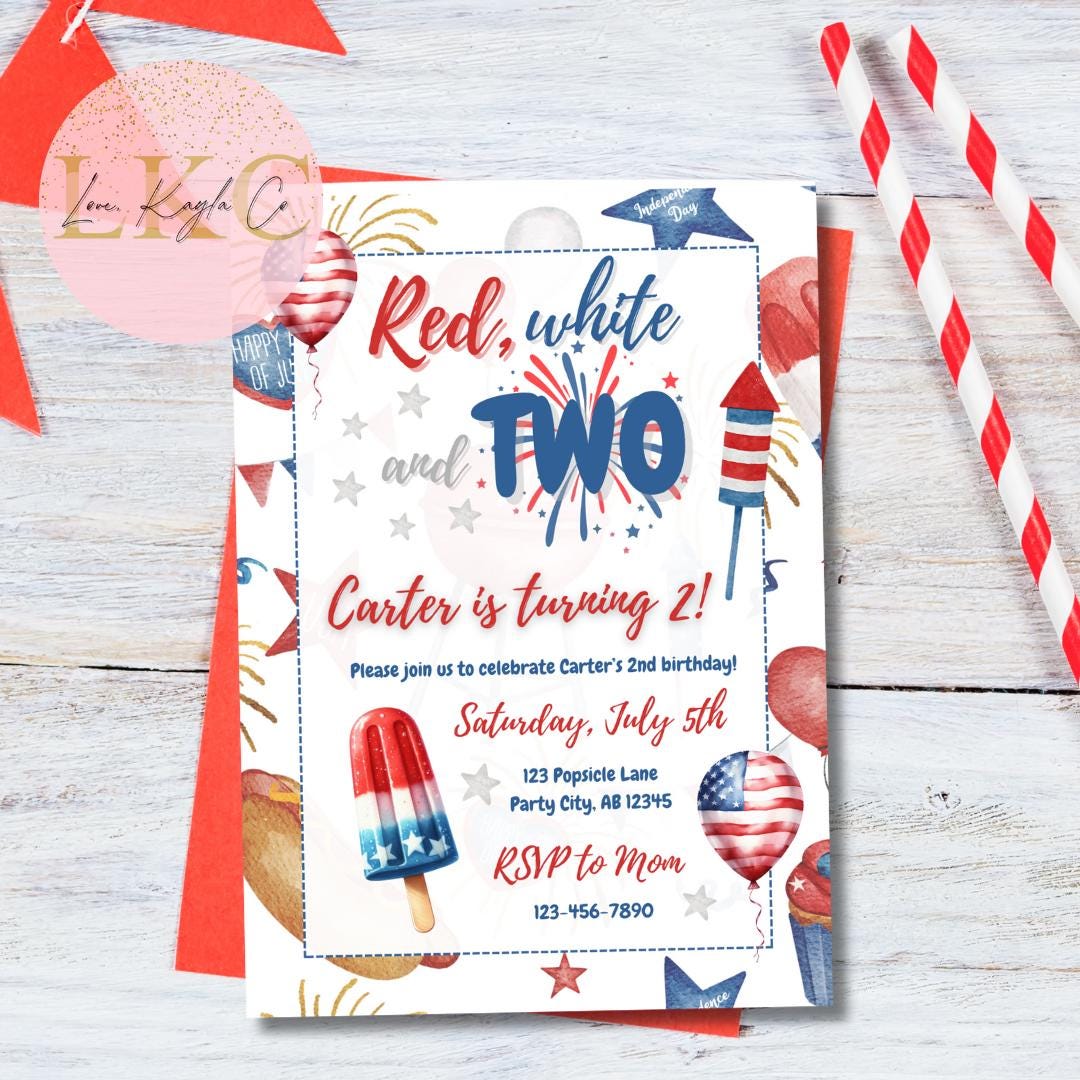Red White and Two Invitation Template | 4th of July 2nd Birthday Invite ...