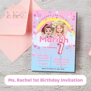Ms Rachel Birthday Invitation | Editable 1st Birthday Party Invite for Girl | Instant Download | Ms Rachel Theme | Pink Rainbow Template