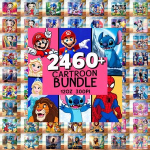 Paquete de más de 2460 tazas PNG con dibujos animados: envoltorios de sublimación de 12 oz para niños, lindos diseños de sublimación de dibujos animados, descarga digital para niños pequeños.