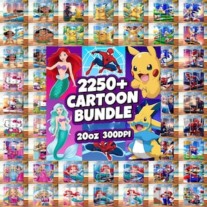Plus de 2 250 dessins animés PNG - Emballages pour gobelets 20 oz pour enfants - Téléchargement numérique 300 ppp - Personnages mignons pour travaux manuels par sublimation.