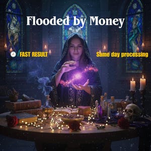 Puede incluir: Una mujer con una capa oscura con capucha conjura un orbe púrpura brillante. El texto "Flooded by Money" está en la parte superior. El texto adicional dice "Fast Result" y "Same day processing". La escena incluye velas, libros y una calavera.