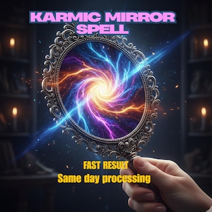 以下が含まれることがあります： ピンク色の「KARMIC MIRROR SPELL」の文字が入った、装飾的な銀色のフレームの鏡。鏡の中心には、青、オレンジ、紫色のエネルギーが渦巻く渦が見えます。「FAST RESULT」と「Same day processing」の文字は黄色です。