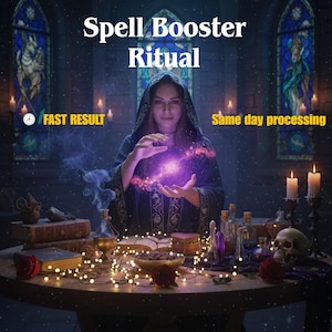 Puede incluir: Imagen con el texto "Spell Booster Ritual". Una persona con una capa oscura con capucha sostiene un orbe púrpura brillante. La escena incluye velas, libros, botellas y una calavera sobre una mesa. También se ve el texto "Fast Result" y "Same day processing".