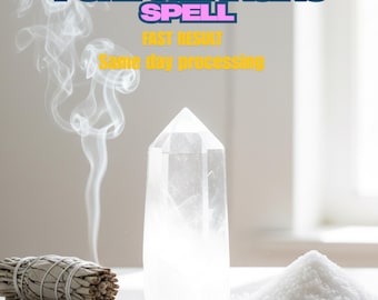 May include: Image features a clear quartz crystal point, a bundle of sage, and a pile of white salt. Text overlay reads "PURE CLEANSING SPELL, FAST RESULT, Same day processing". Smoke rises in the background.
