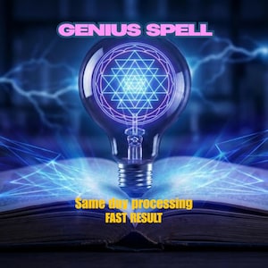 Op de afbeelding: Een digitale illustratie met een gloeiende gloeilamp met een geometrisch ontwerp, tegen een achtergrond van blauwe energielijnen en bliksem. De tekst "GENIUS SPELL" staat bovenaan, met "Same day processing" en "FAST RESULT" onderaan.