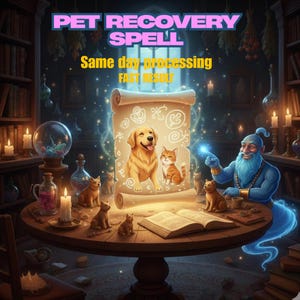May include: An illustration of a pet recovery spell. The image features a scroll with a golden retriever and a tabby cat. The text reads "PET RECOVERY SPELL", "Same day processing", and "FAST RESULT". A genie is pointing at the scroll.
