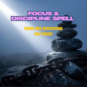 May include: Image features a stack of gray stones with a rusty chain draped over them, set against a misty blue background. Text in the image reads "FOCUS & DISCIPLINE SPELL", "Same day processing", and "FAST RESULT".