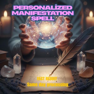 May include: An image featuring the text "PERSONALIZED MANIFESTATION SPELL". A glowing orb is held in hands, with a quill and parchment in the foreground. Crystals and candles are also visible, creating a mystical theme. The text "FAST RESULT" and "Same day processing" are also visible.