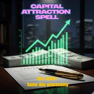 Può includere: L'immagine presenta il testo "CAPITAL ATTRACTION SPELL" in rosa e blu. Un grafico verde mostra un andamento al rialzo sopra pile di banconote da 100 dollari. Un contratto e una penna d'oro sono in primo piano, con il testo "FAST RESULT" e "Same day processing".